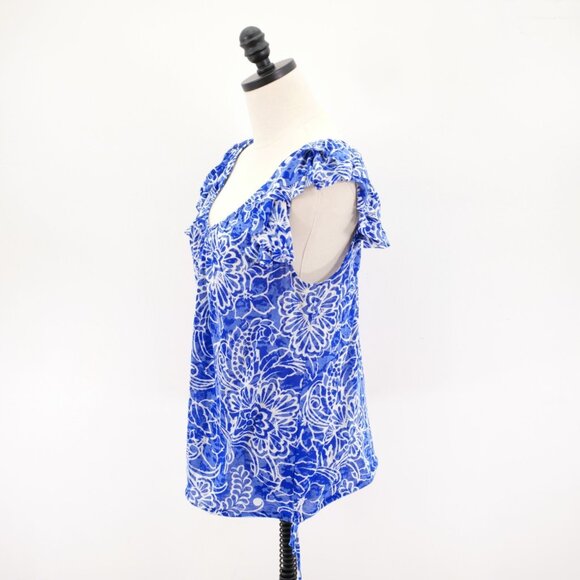 I.N.C. International Concepts XL Blue White Floral Scoop Neck Top Blouse Flutter - Picture 4 of 7